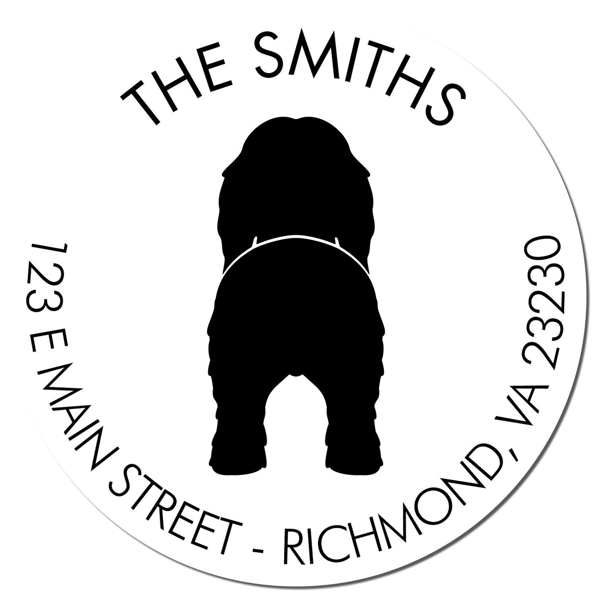 Round white custom address stamp seal with black dog silhouette and black text: THE SMITHS, 123 E Main Street, Richmond.