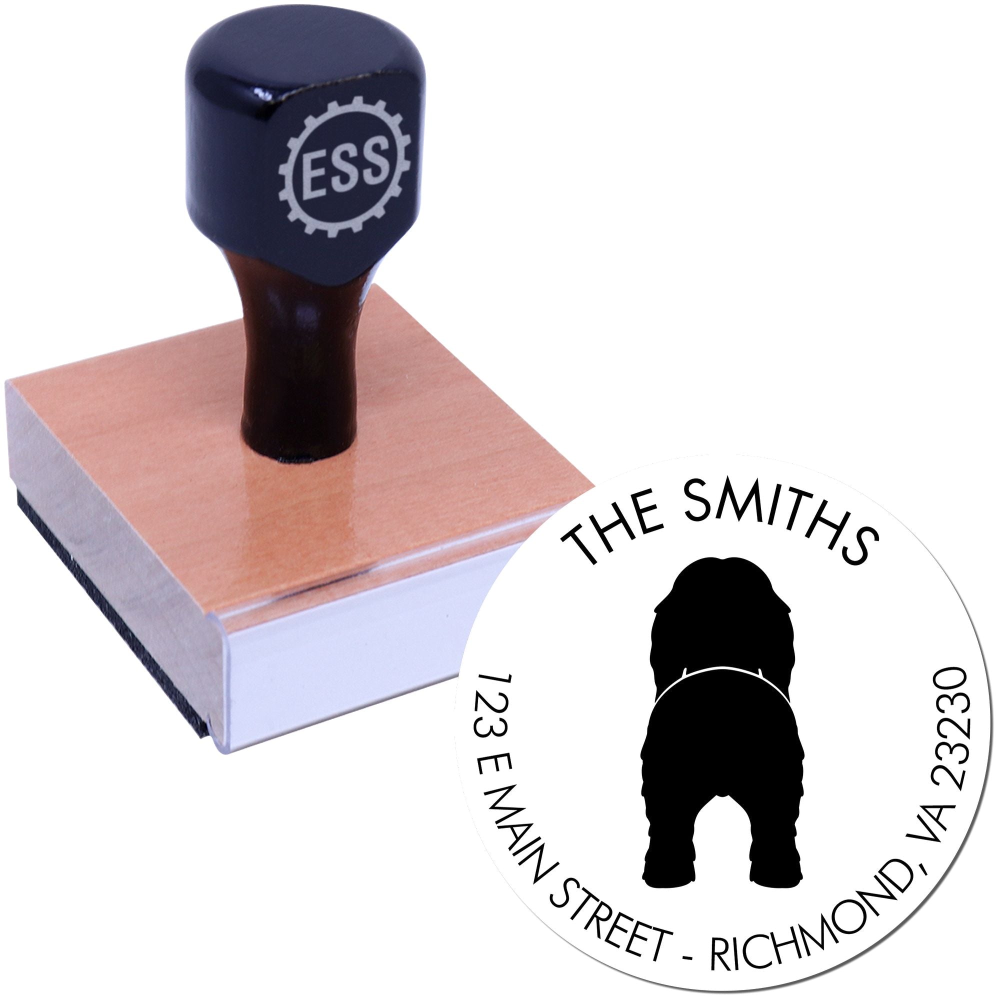 Wood Handle Bearded Collie Custom Name and Address Rubber Stamp