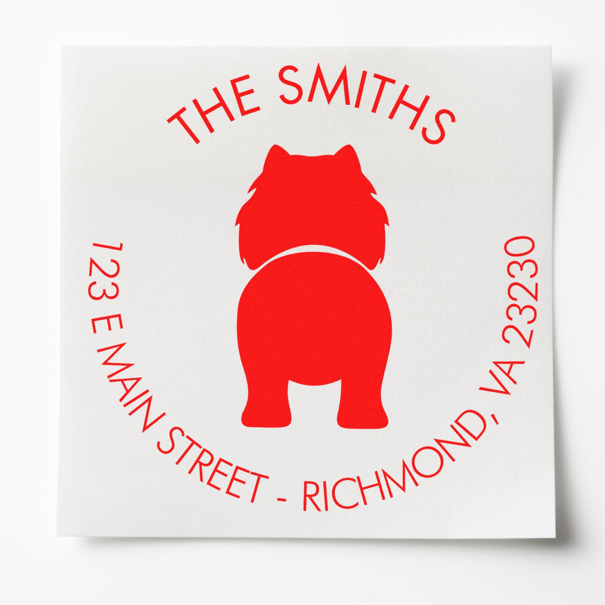 Red custom stamp seal with dog silhouette, THE SMITHS, 123 Main Street, Richmond, VA 23230, on white card