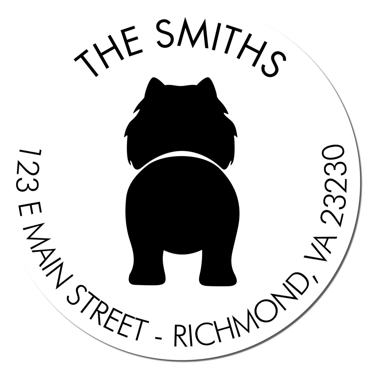 White round custom return address stamp seal with black dog silhouette and The Smiths, 123 E Main Street, Richmond, VA 23230.