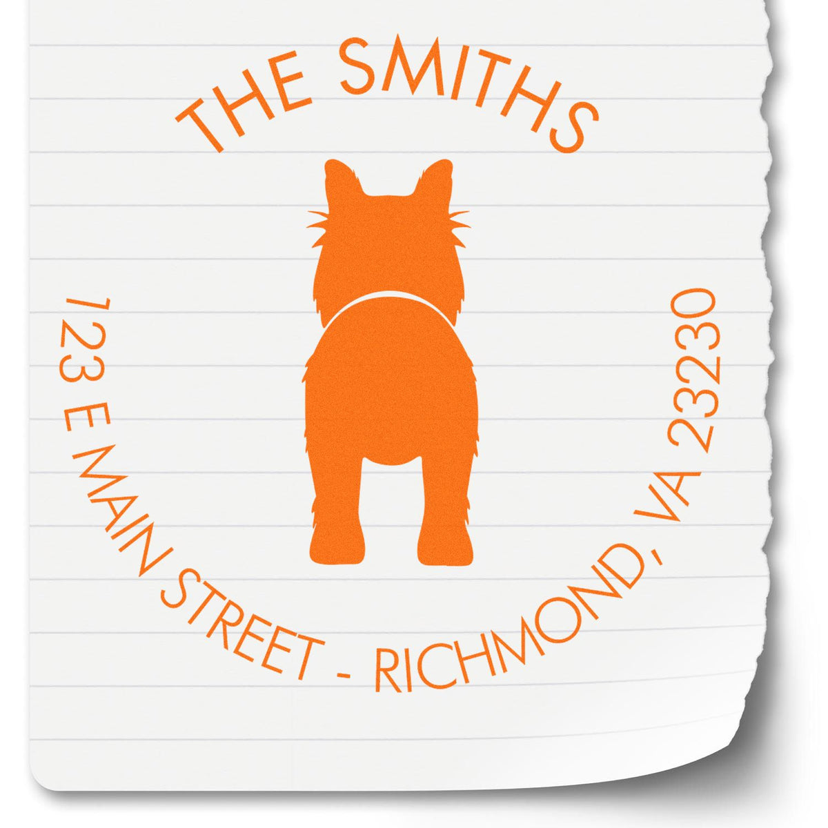 Orange dog silhouette address stamp seal for The Smiths, with 723 E Main Street, Richmond, VA 23230 on white lined paper.