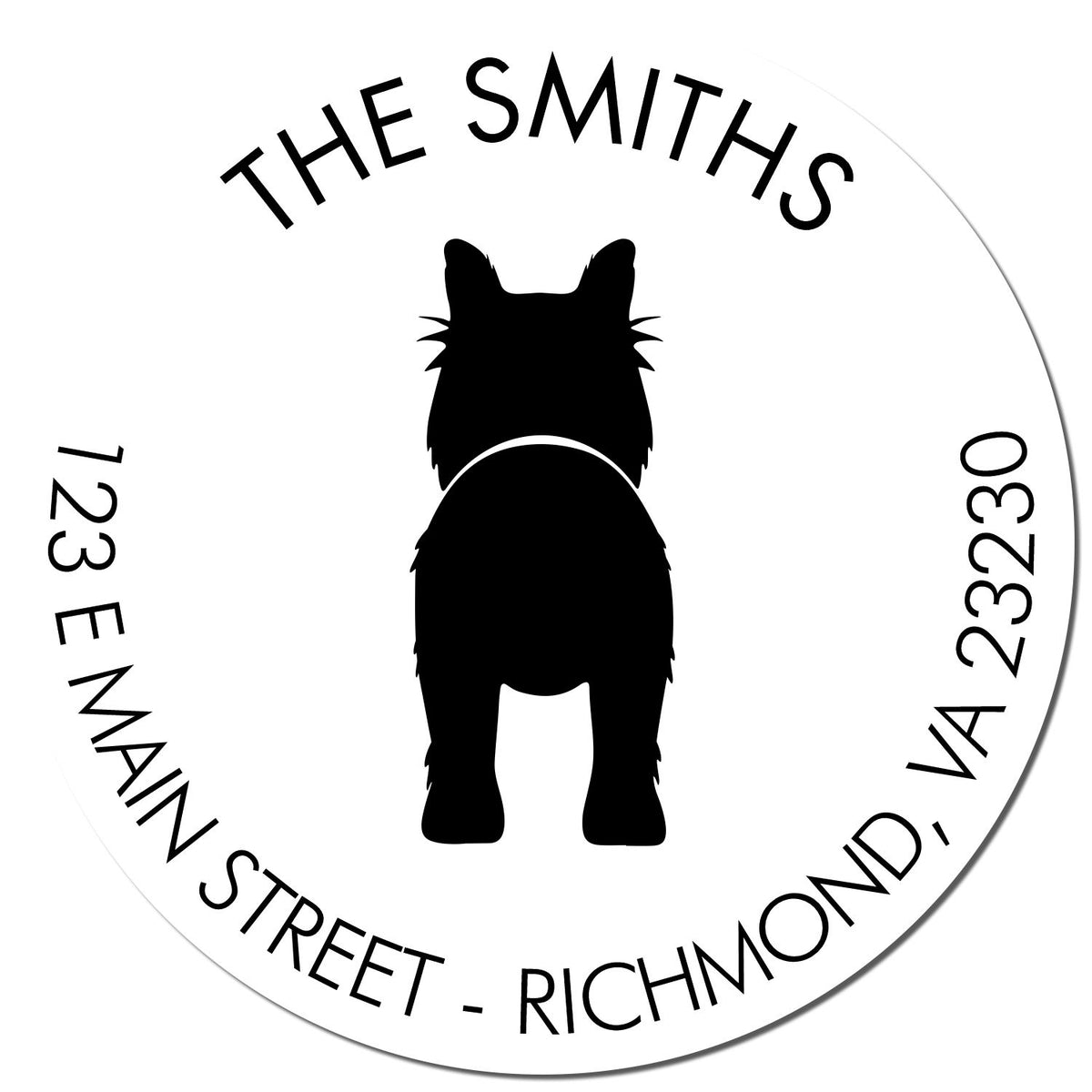 Custom white circular stamp seal with black cat silhouette, THE SMITHS, and 123 E Main Street, Richmond, VA 23230.
