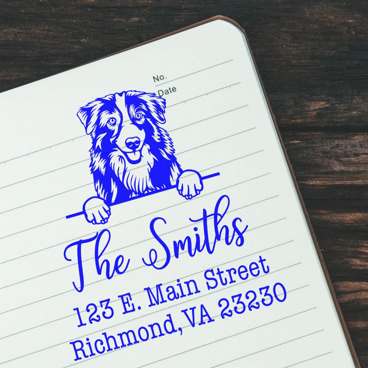 Wood Handle Australian Shepherd Customizable Address Rubber Stamp