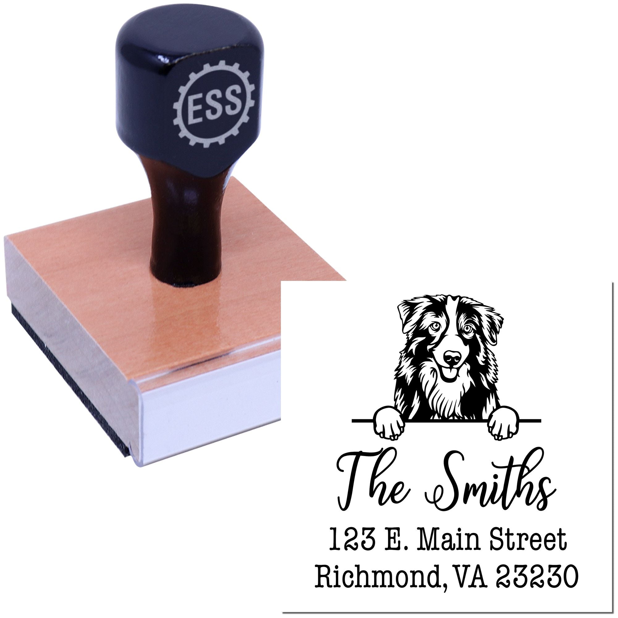 Wood Handle Australian Shepherd Customizable Address Rubber Stamp