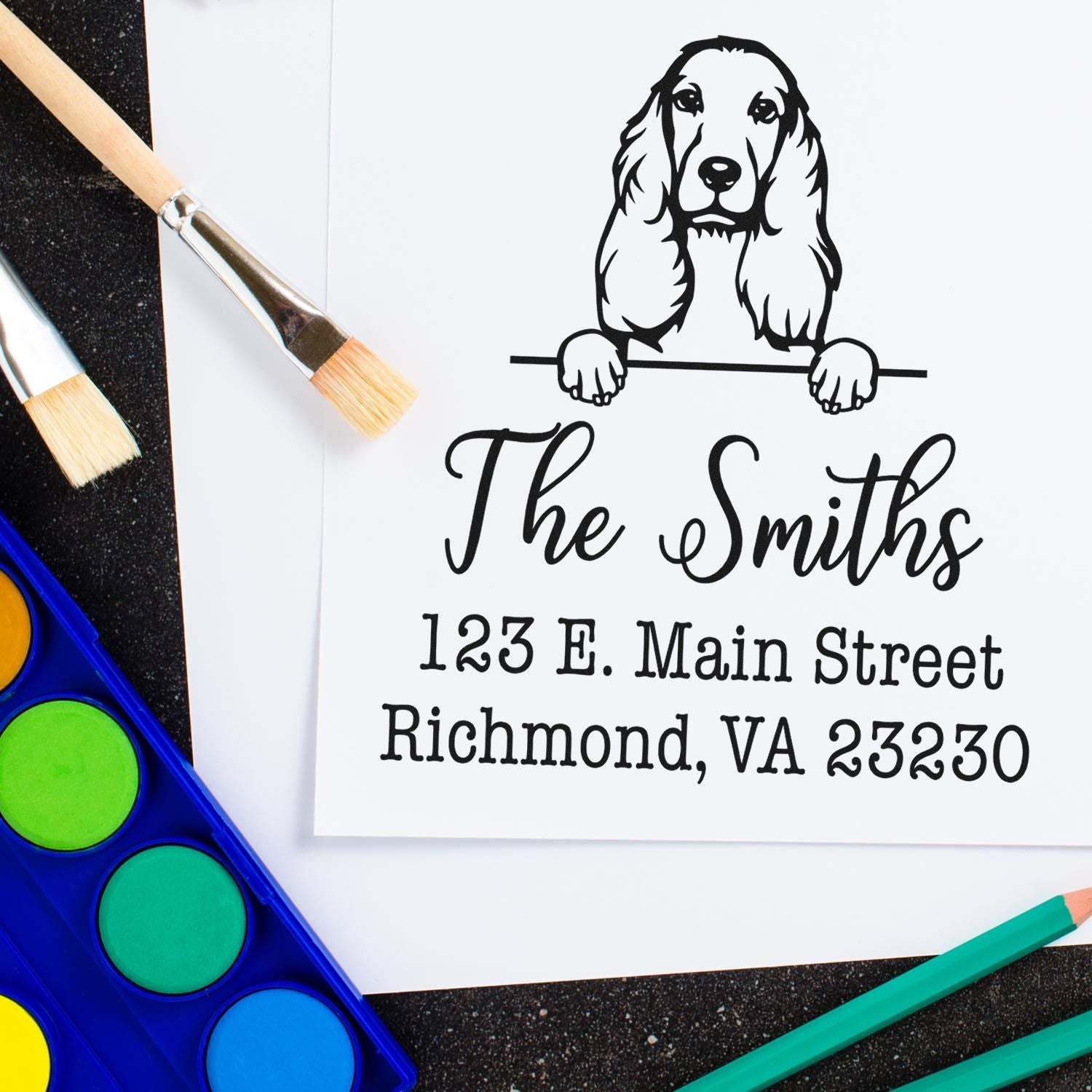 Wood Handle Cocker Spaniel Customizable Dog Design Address Stamp - Engineer Seal Stamps