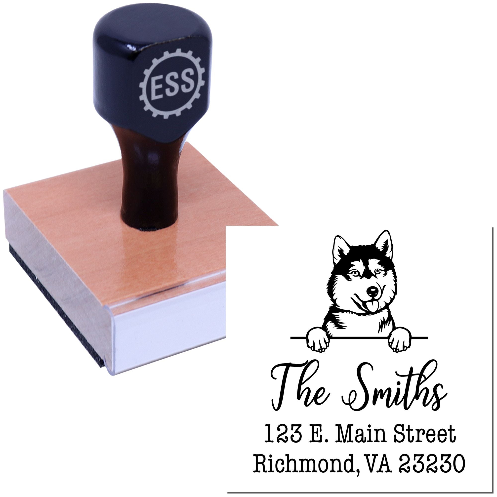 Wood Handle Siberian Husky Customizable Mail Address Rubber Stamp