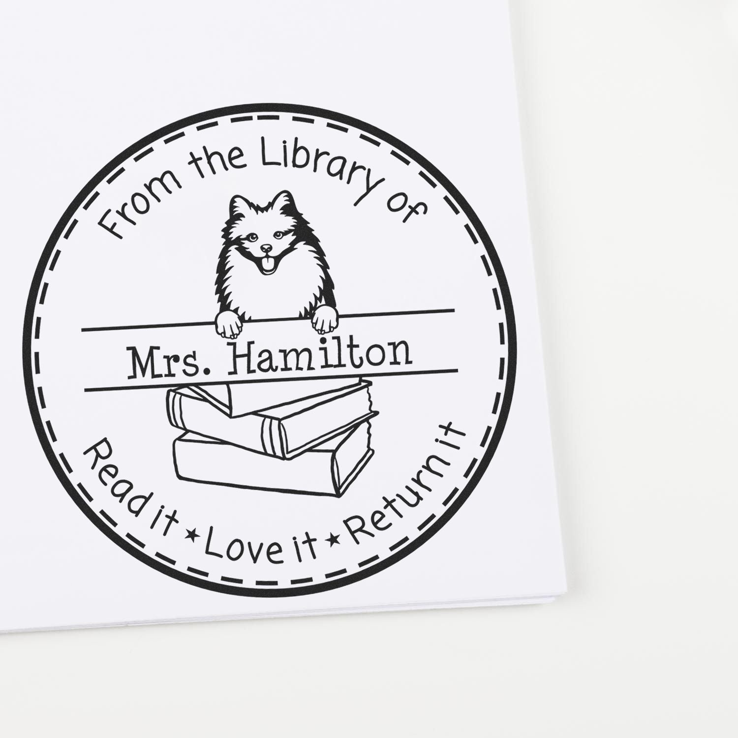 Customized Book Reminder Stamp with American Eskimo Dog