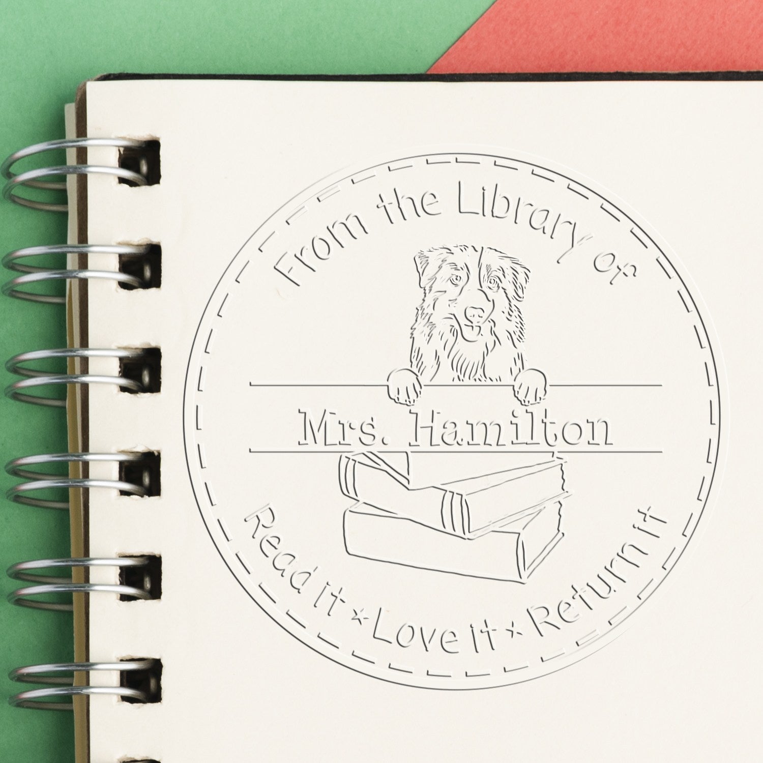 Custom Name Embossed Stamp with Australian Shepherd Dog - Engineer Seal Stamps