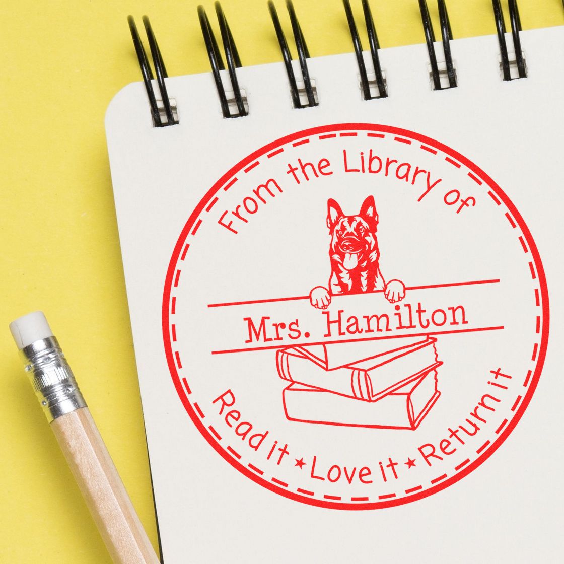 Customized Borrowed Book Reminder Stamper with Belgian Malinois Dog