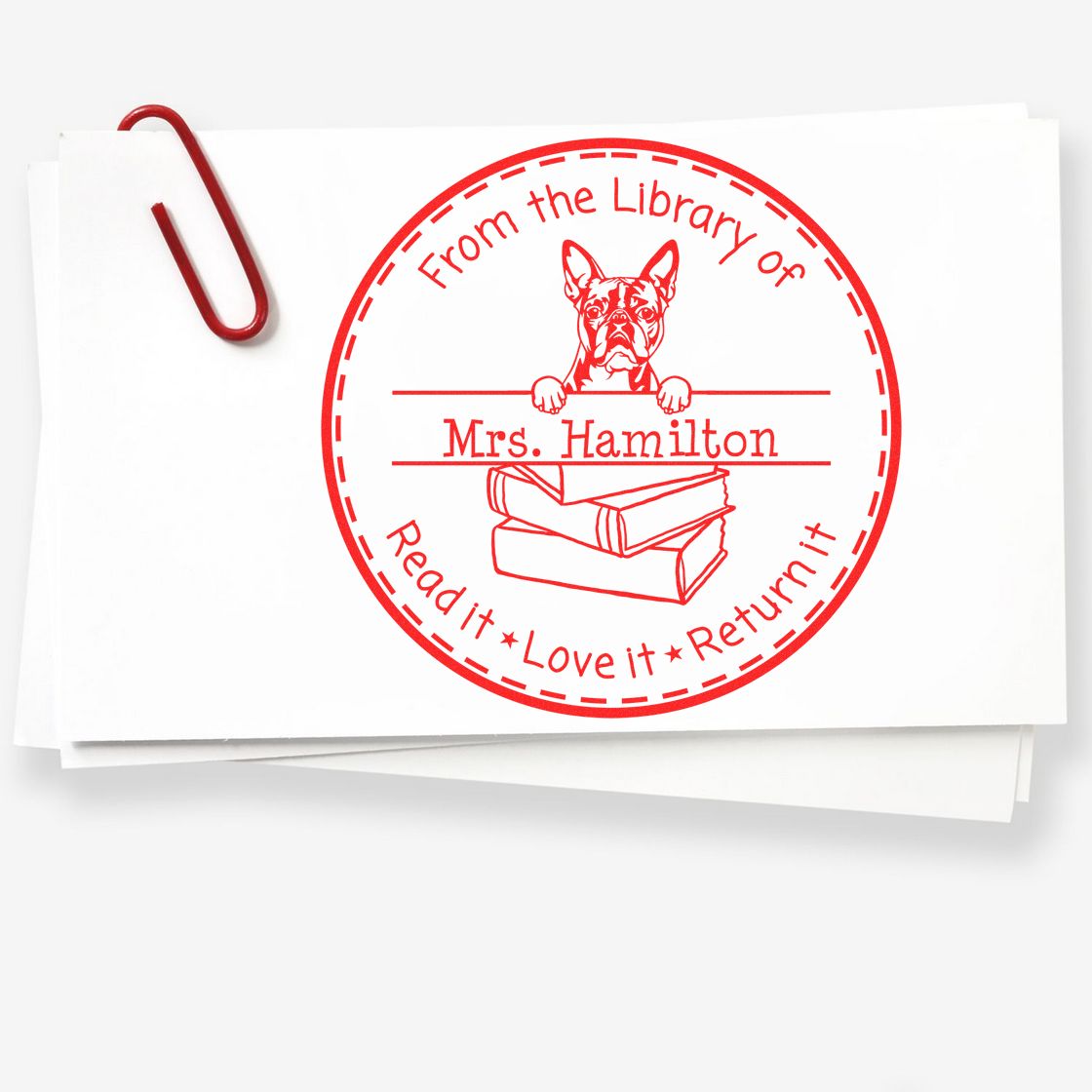 Customized Lending Library Stamp with Boston Terrier Dog