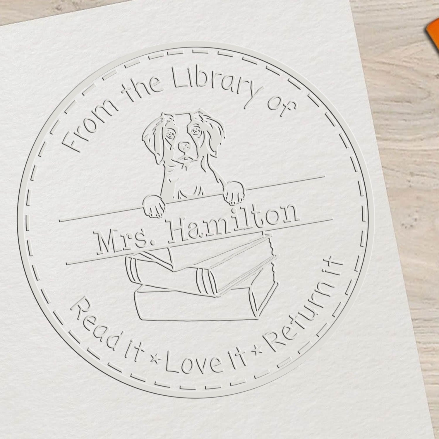 Custom Library Embossed Stamp with Brittany Dog