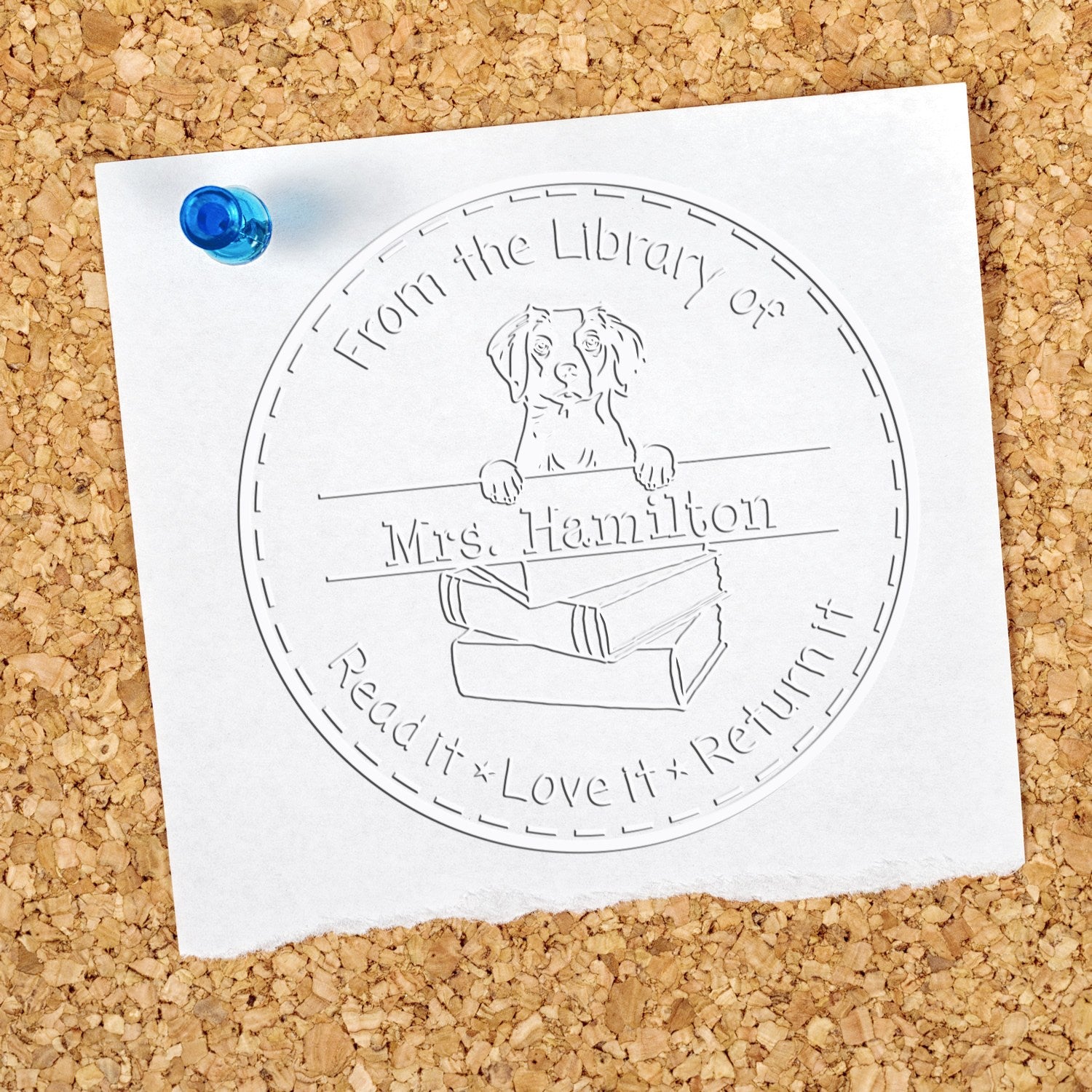 Custom Library Embossed Stamp with Brittany Dog