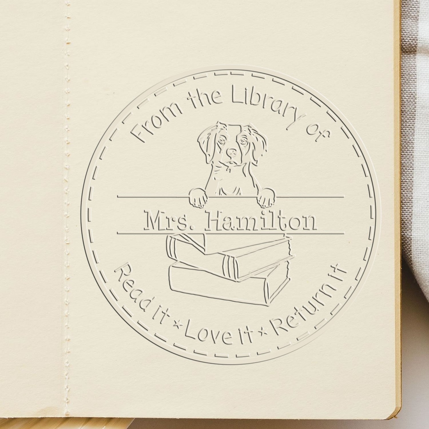 Custom Library Embossed Stamp with Brittany Dog