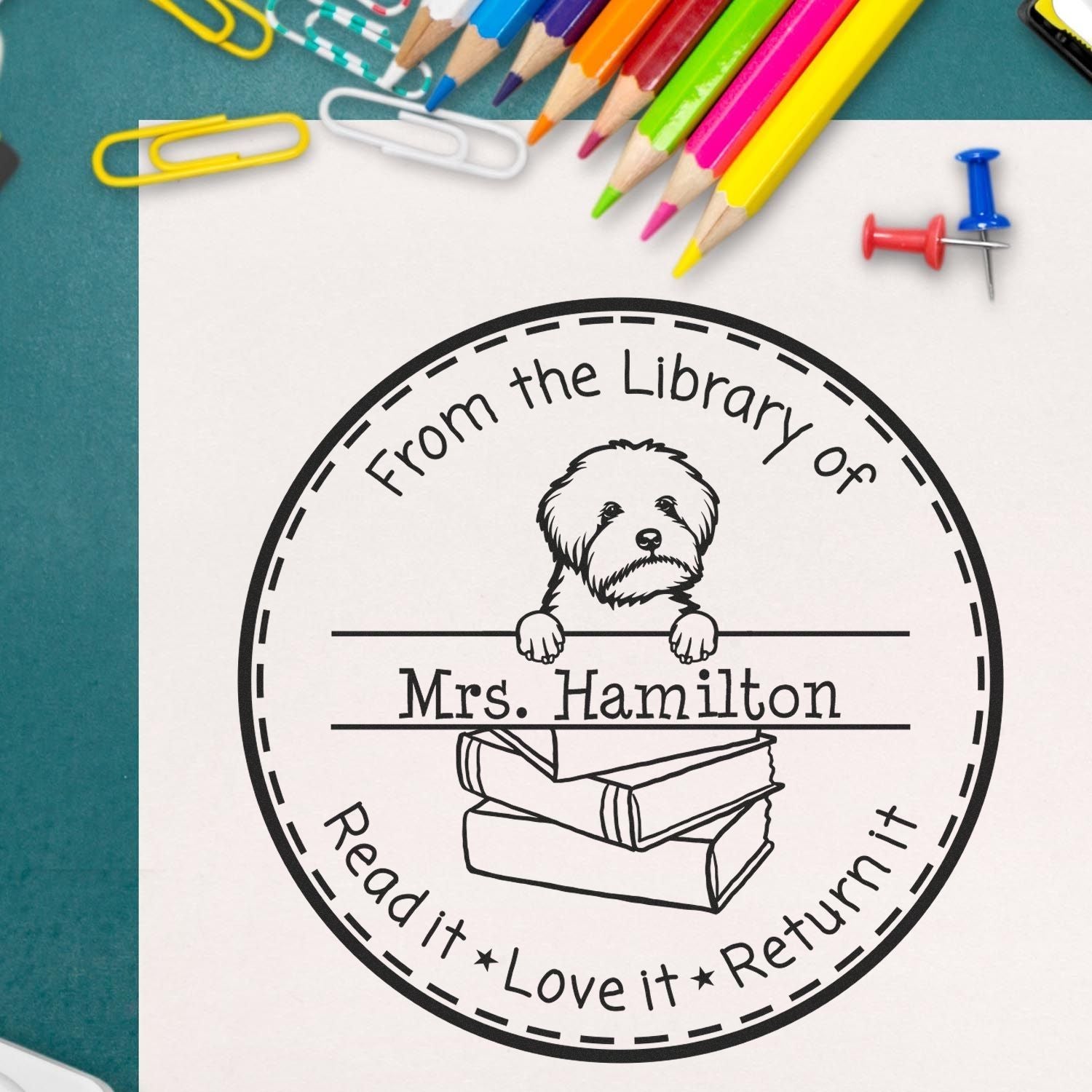 Customized Book Return Reminder Stamp with Maltipoo Dog