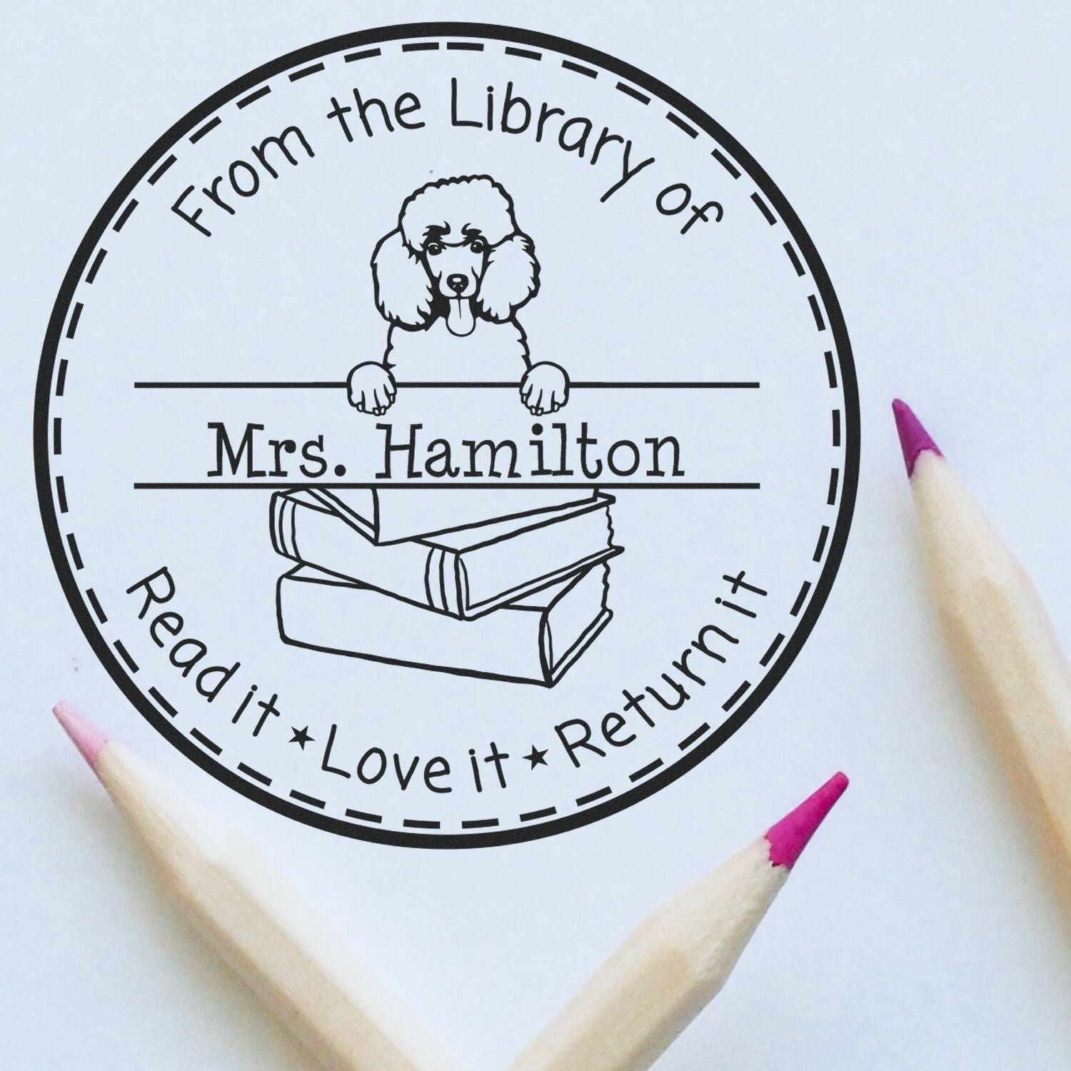 Customized Return It Book Stamp with Poodle Dog