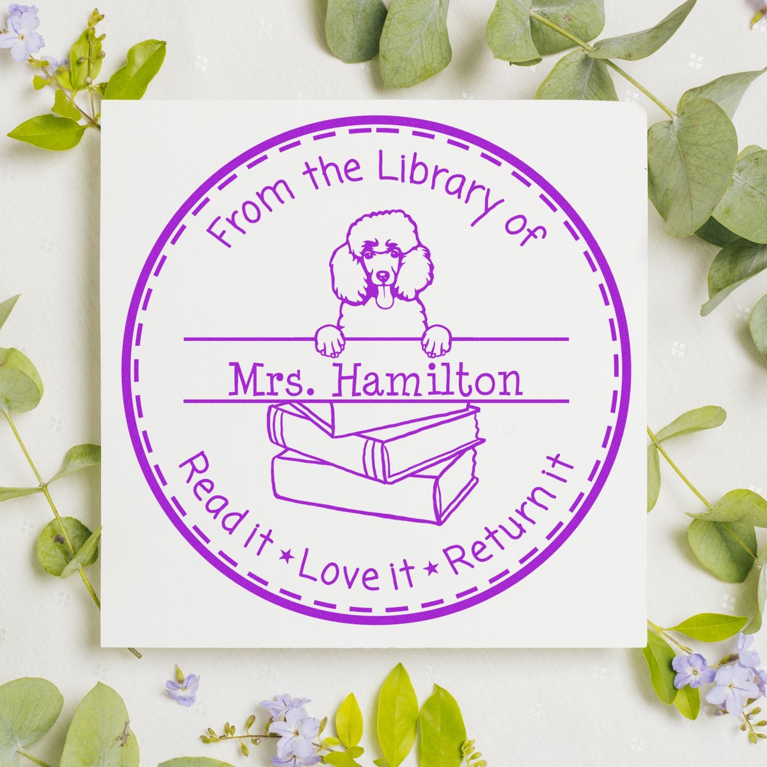 Customized Return It Book Stamp with Poodle Dog
