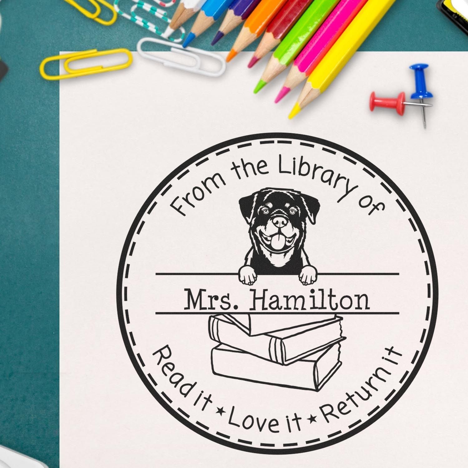 Customized Book Sharing Reminder Stamper with Rottweiler Dog