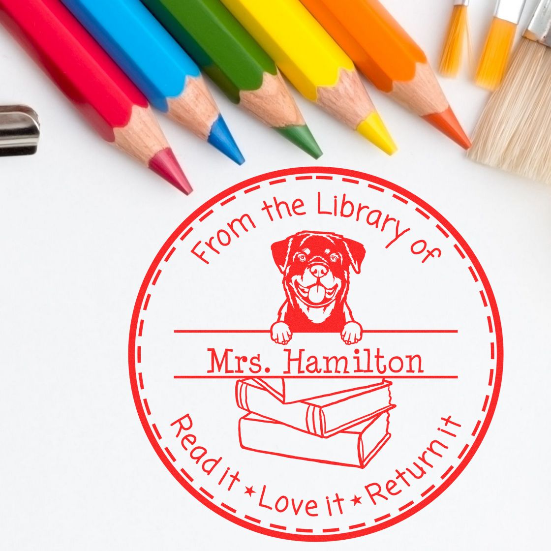 Customized Book Sharing Reminder Stamper with Rottweiler Dog
