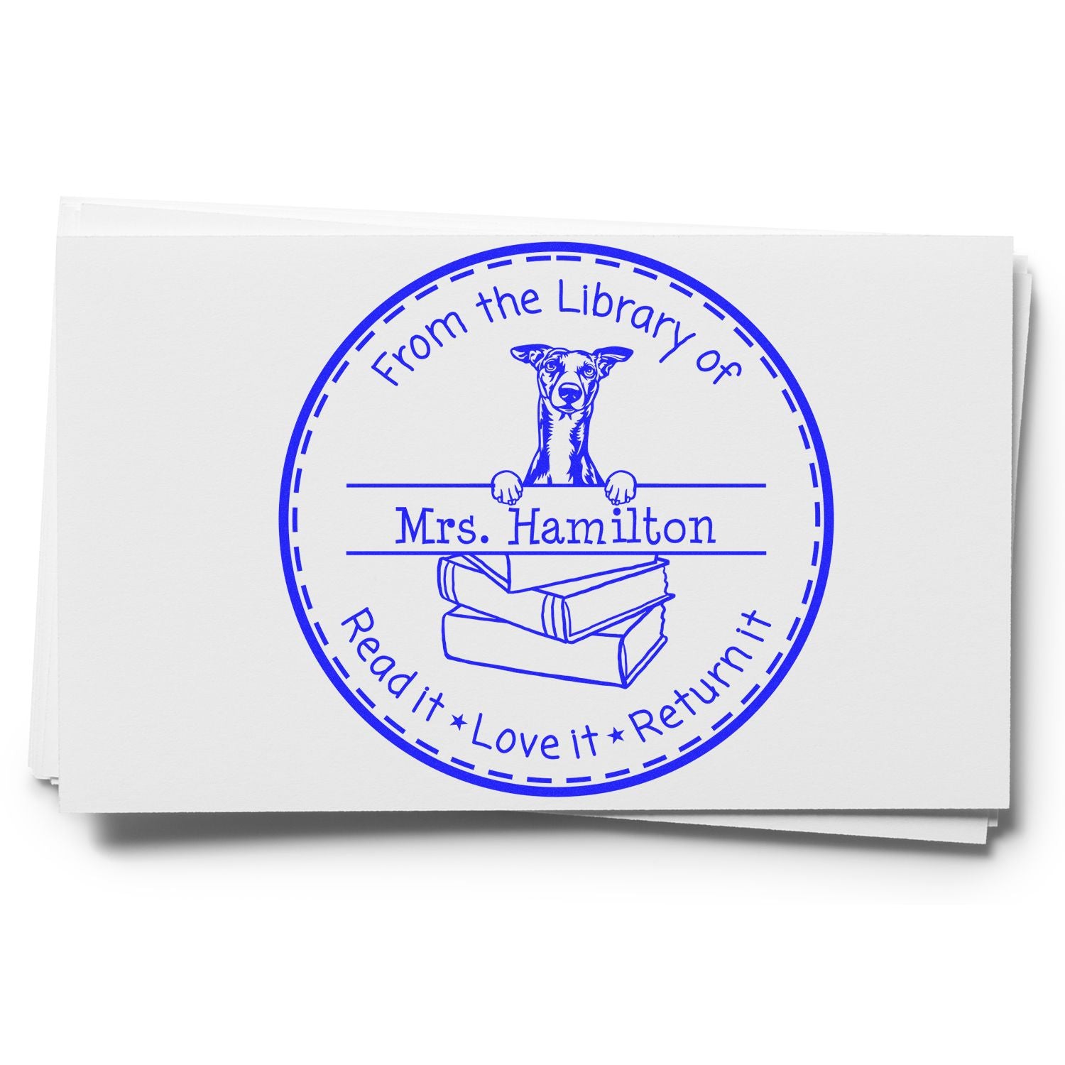 Whippet Dog Customized Classroom Book Return Reminder Stamp