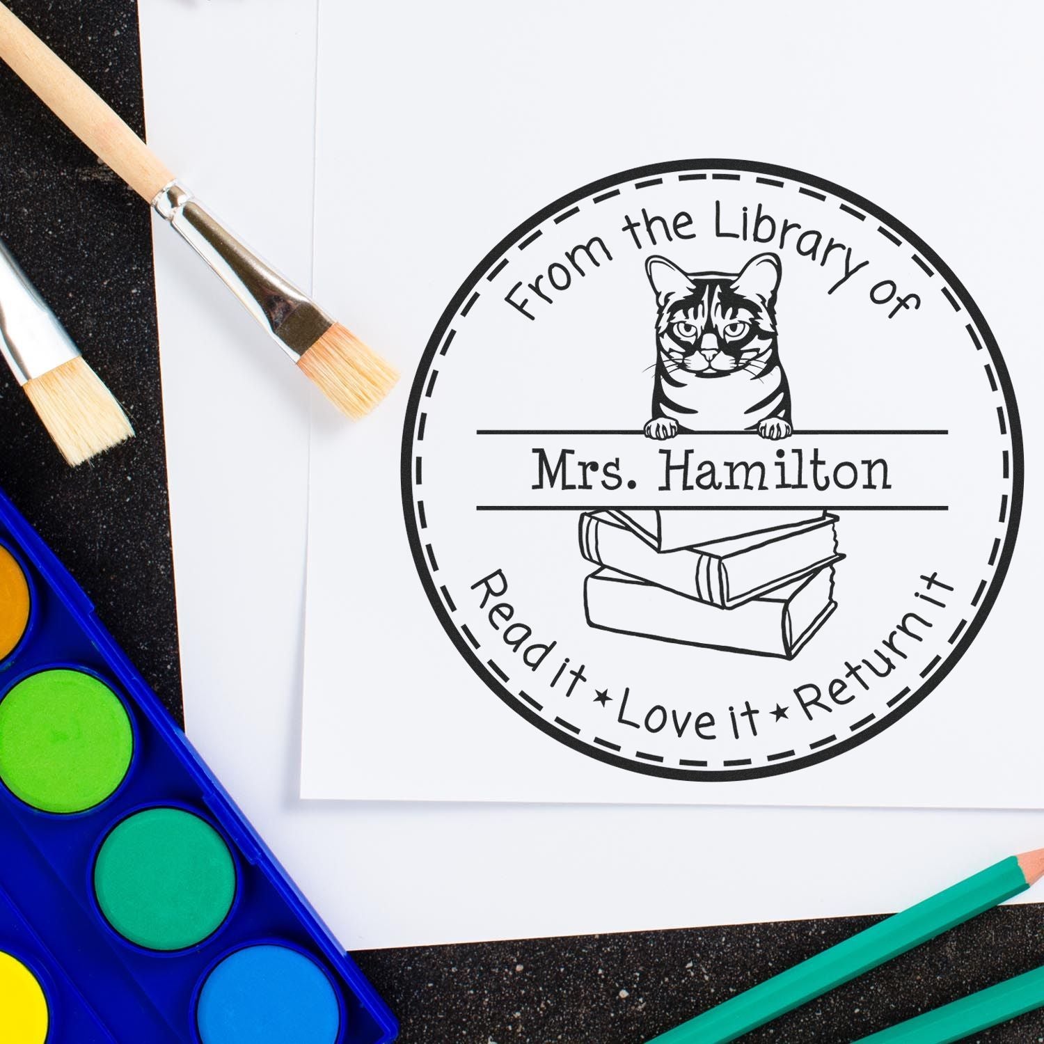 Personalized Classroom Resource Stamp with Australian Mist Cat