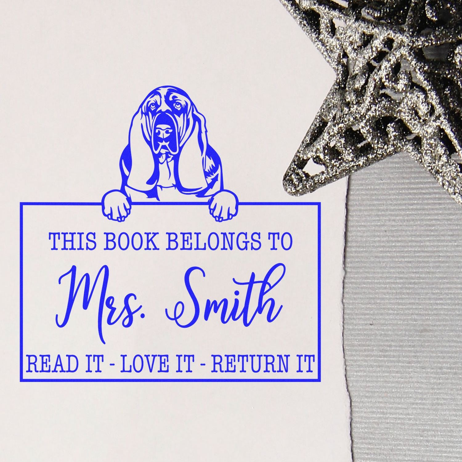 Customized Book Label Stamp with Basset Hound