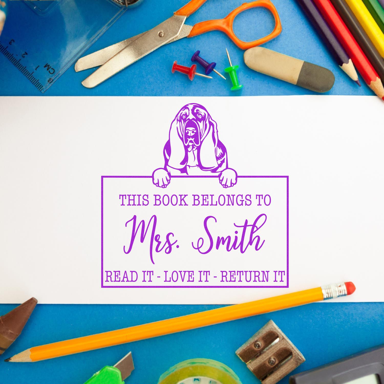 Customized Book Label Stamp with Basset Hound