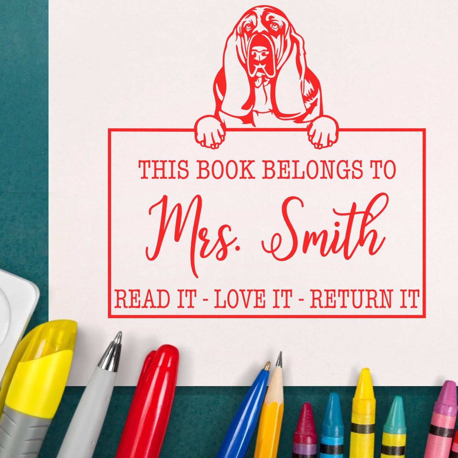Customized Book Label Stamp with Basset Hound