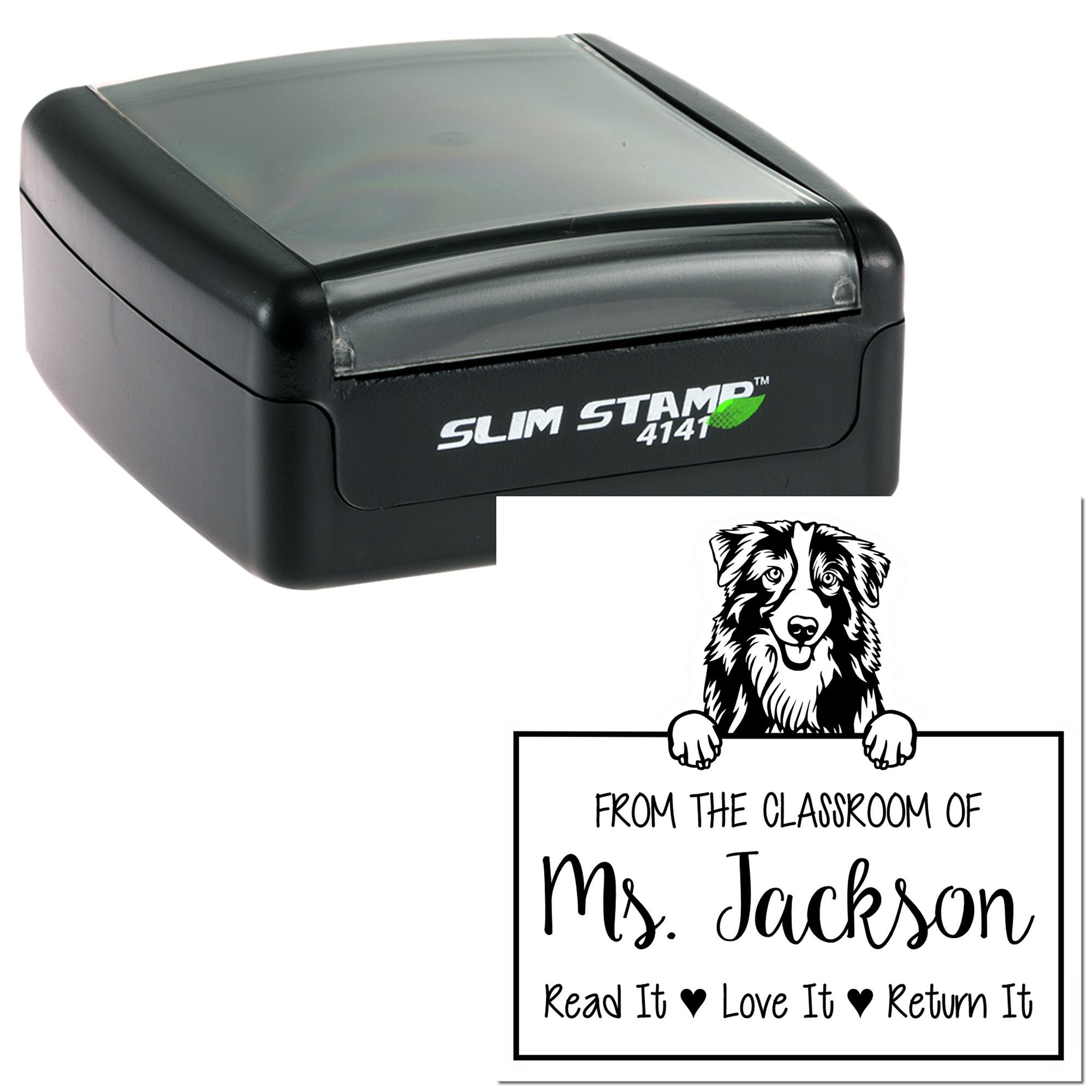 Personalizable Name For Teacher Stamp with Australian Shepherd Dog - Engineer Seal Stamps