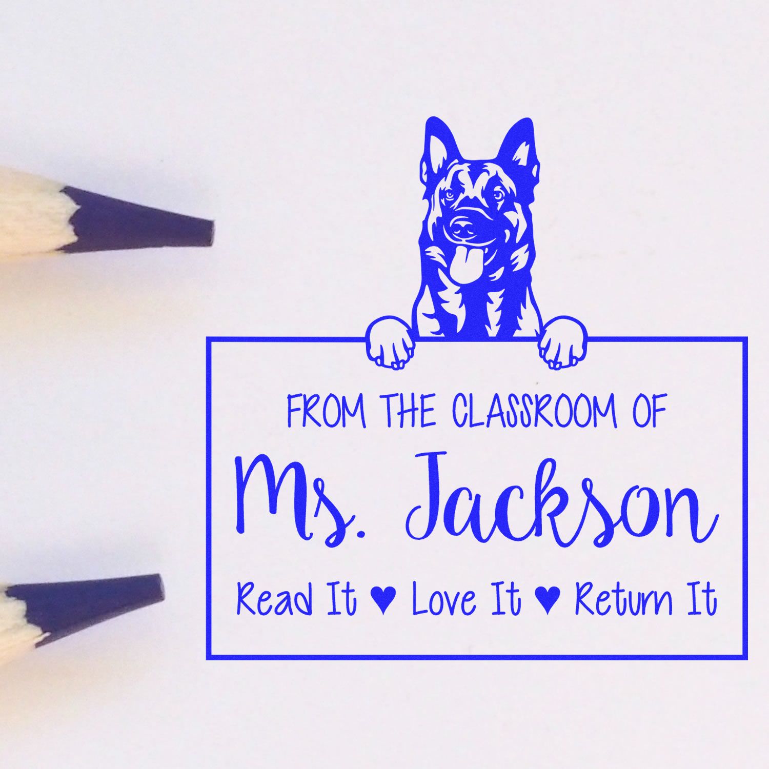 Personalizable Bookplate Stamp with Belgian Malinois Dog - Engineer Seal Stamps