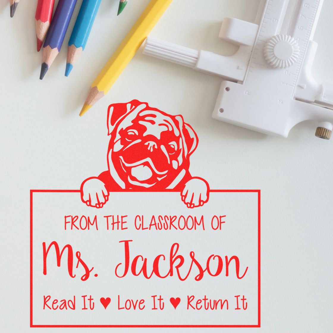 Personalizable Book Sharing Reminder Stamp with Pug Dog - Engineer Seal Stamps