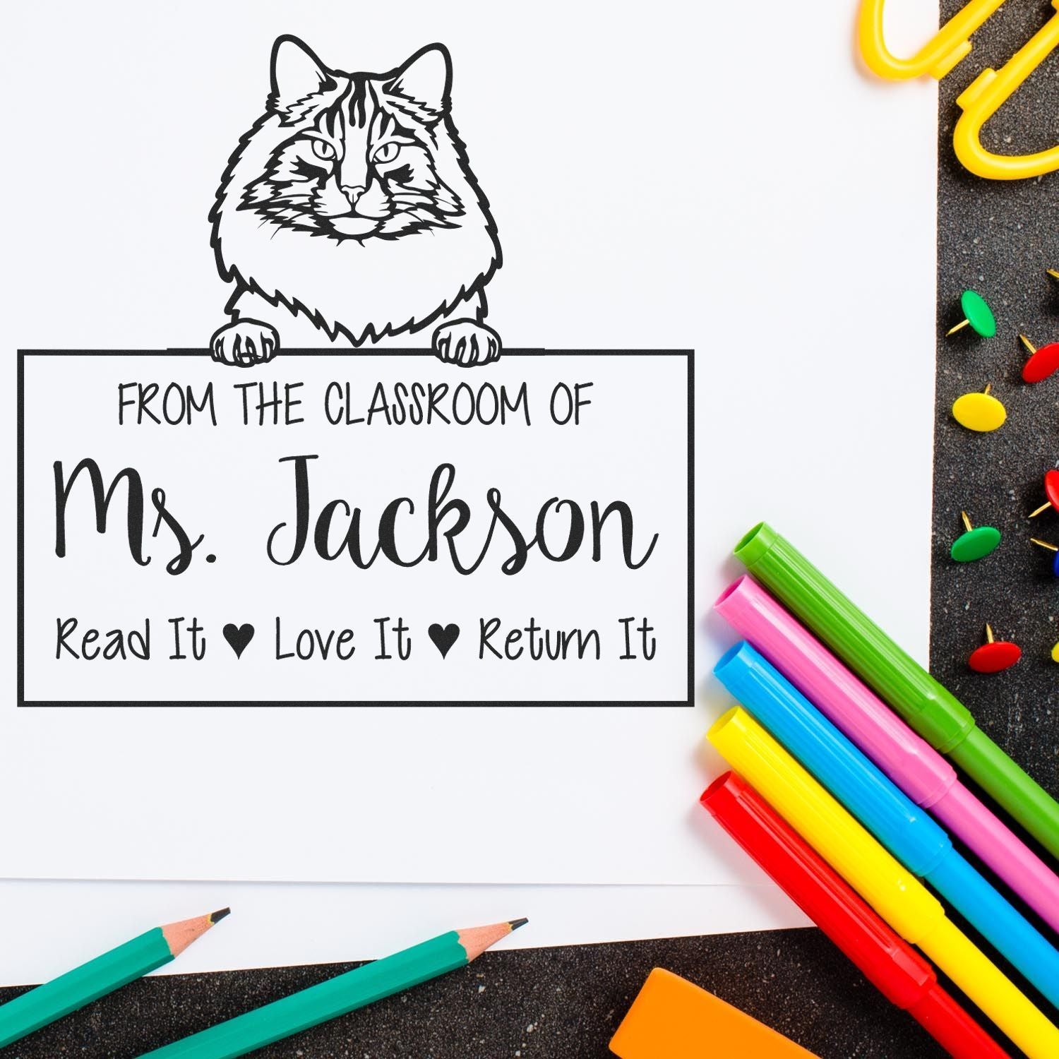 Customized Teacher Design Stamp with Norwegian Forest Cat - Engineer Seal Stamps