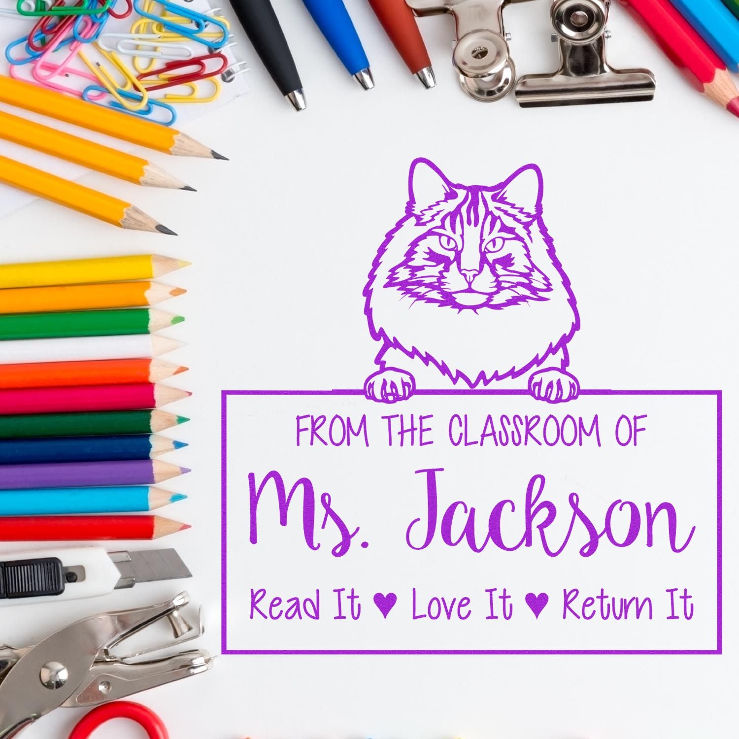 Customized Teacher Design Stamp with Norwegian Forest Cat - Engineer Seal Stamps