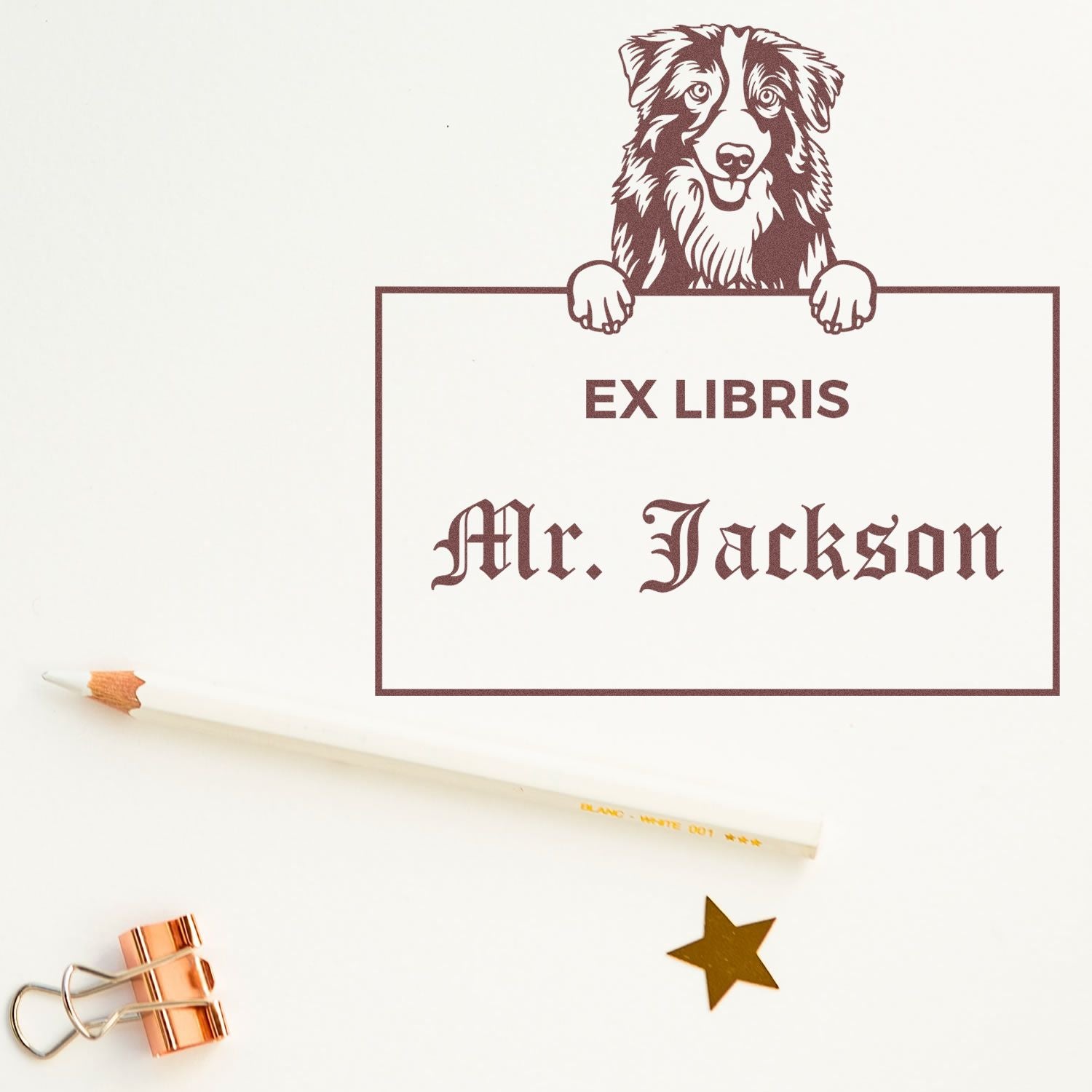 Custom-Made Ex Libris Library Book Stamper with Australian Shepherd - Engineer Seal Stamps