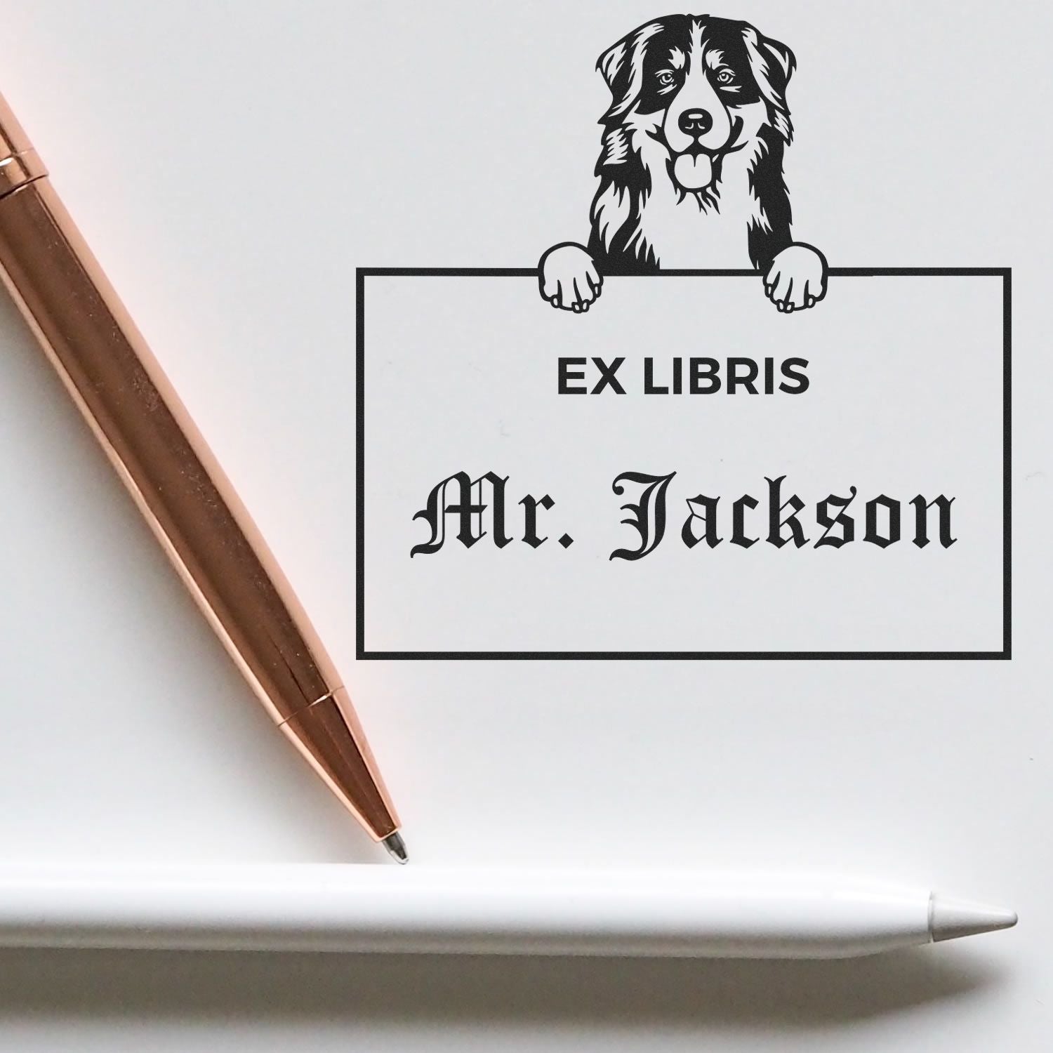 Bernese Mountain Customizable Dog Themed Ex Libris Book Label Stamp - Engineer Seal Stamps