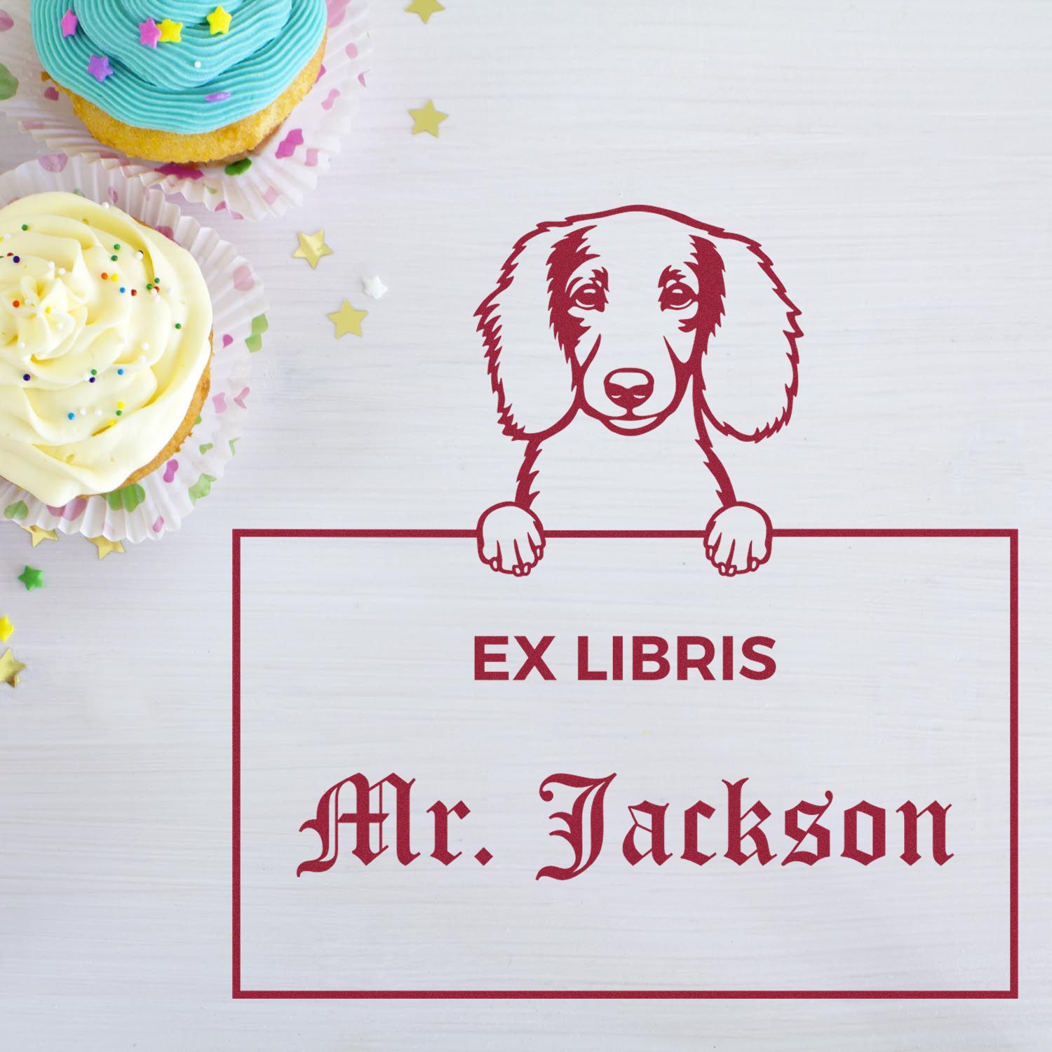 Longhaired Dachshund Personalized Puppy Ex Libris Bookplate Stamp - Engineer Seal Stamps