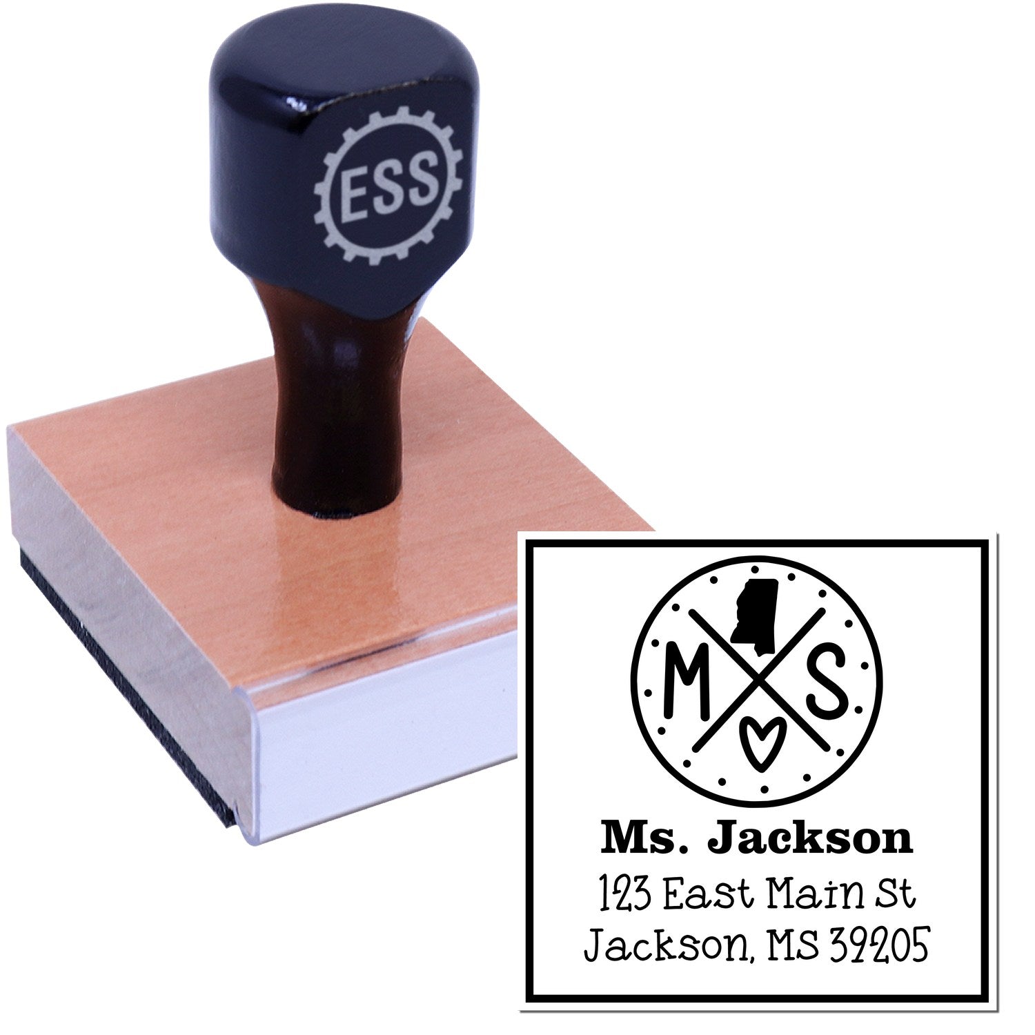 Wood Handle Mississippi State Cross Customizable Name and Address Rubber Stamp