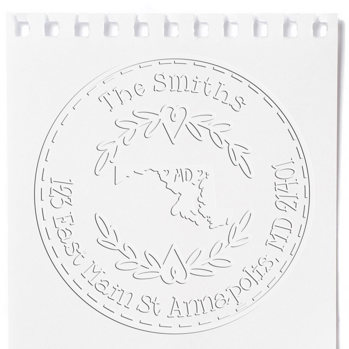 Trodat State Love Stamps MD custom address seal embosser with Maryland state design in use.