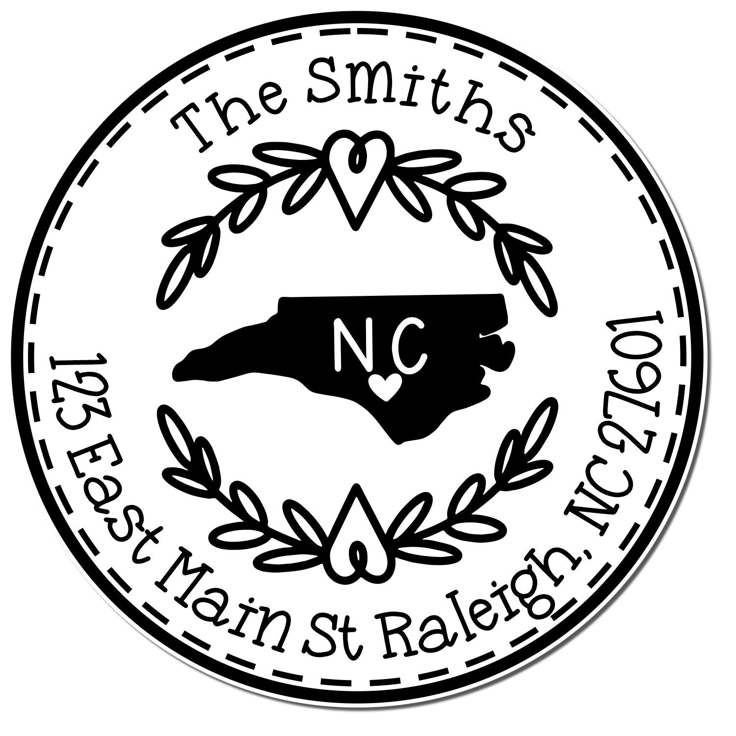 Wooden Handle Round North Carolina State Wreath Name and Address Rubber Stamp