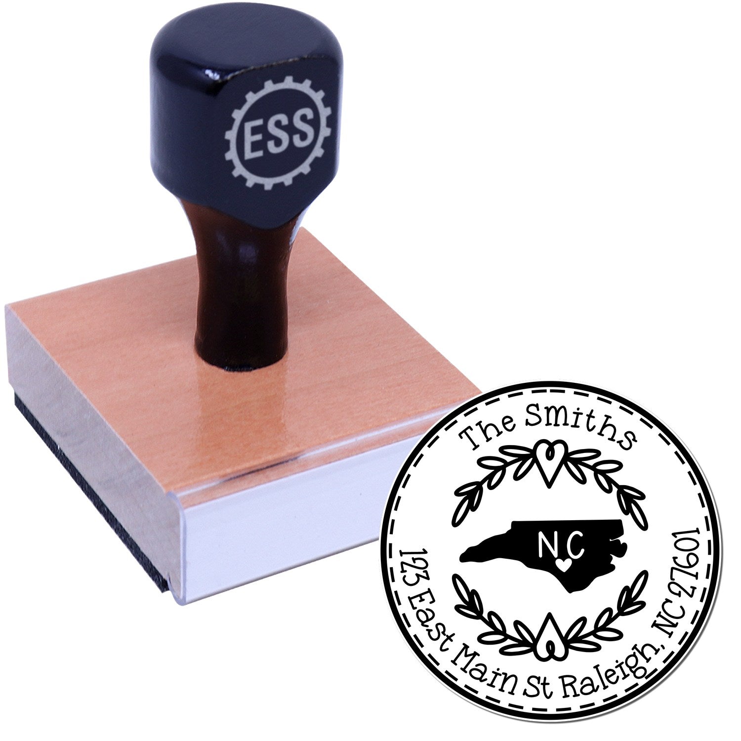 Wooden Handle Round North Carolina State Wreath Name and Address Rubber Stamp