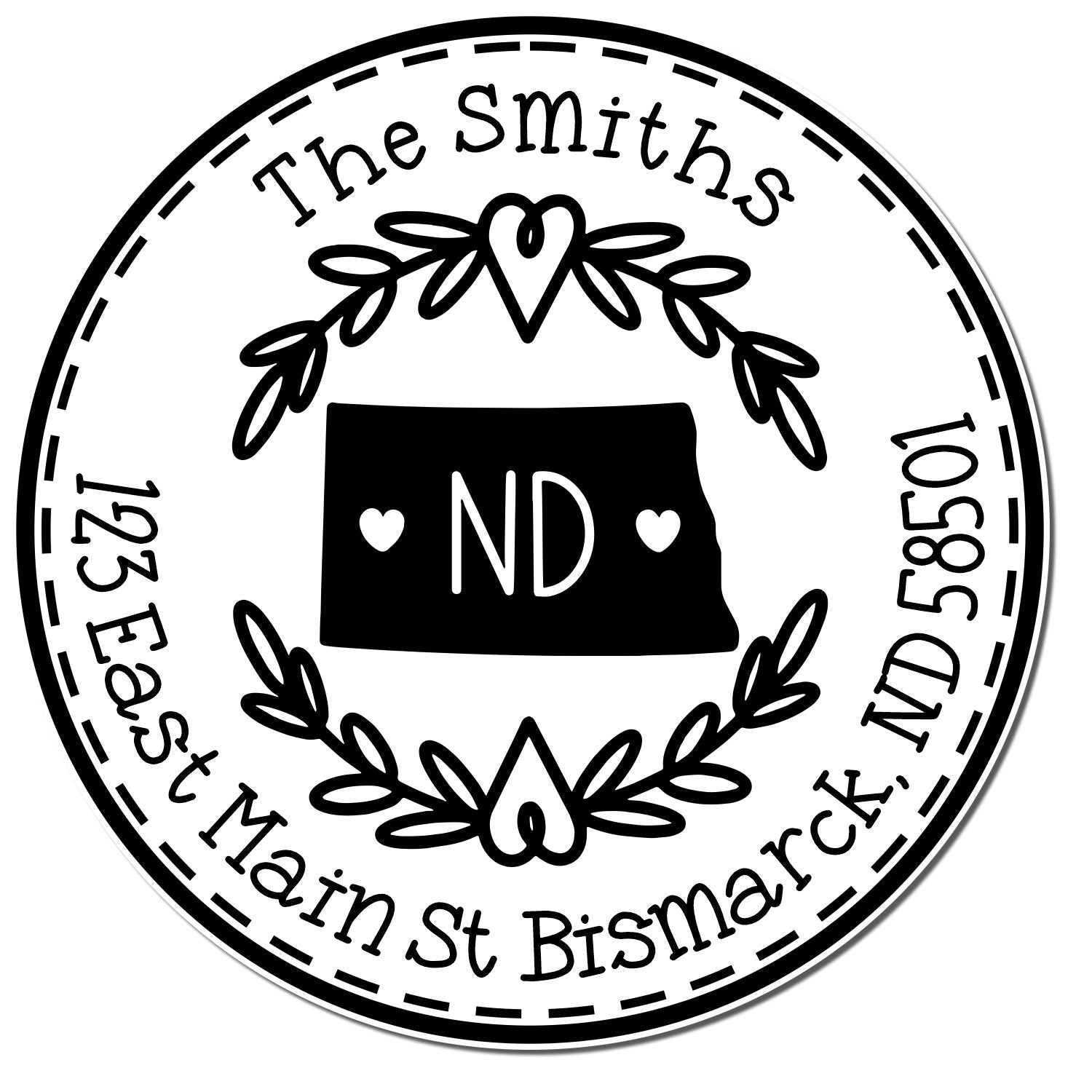 Self-Inking Round North Dakota State Wreath Custom-Made Name and Address Stamper