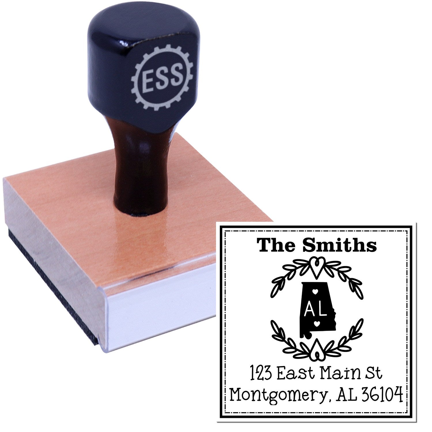 Wood Handle Alabama State Wreath Customizable Address Label Stamp