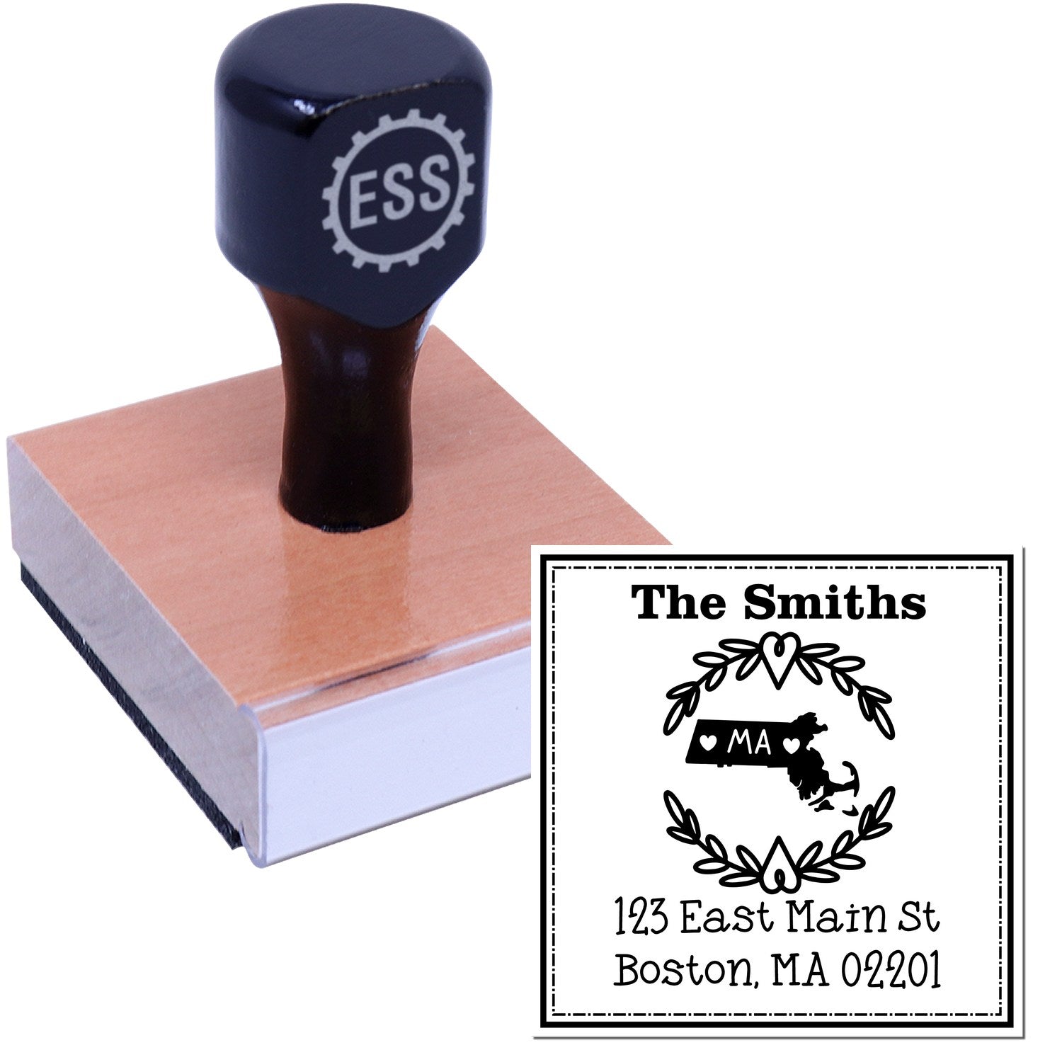 Wood Handle Massachusetts State Wreath Custom-Made Home Address Rubber Stamp