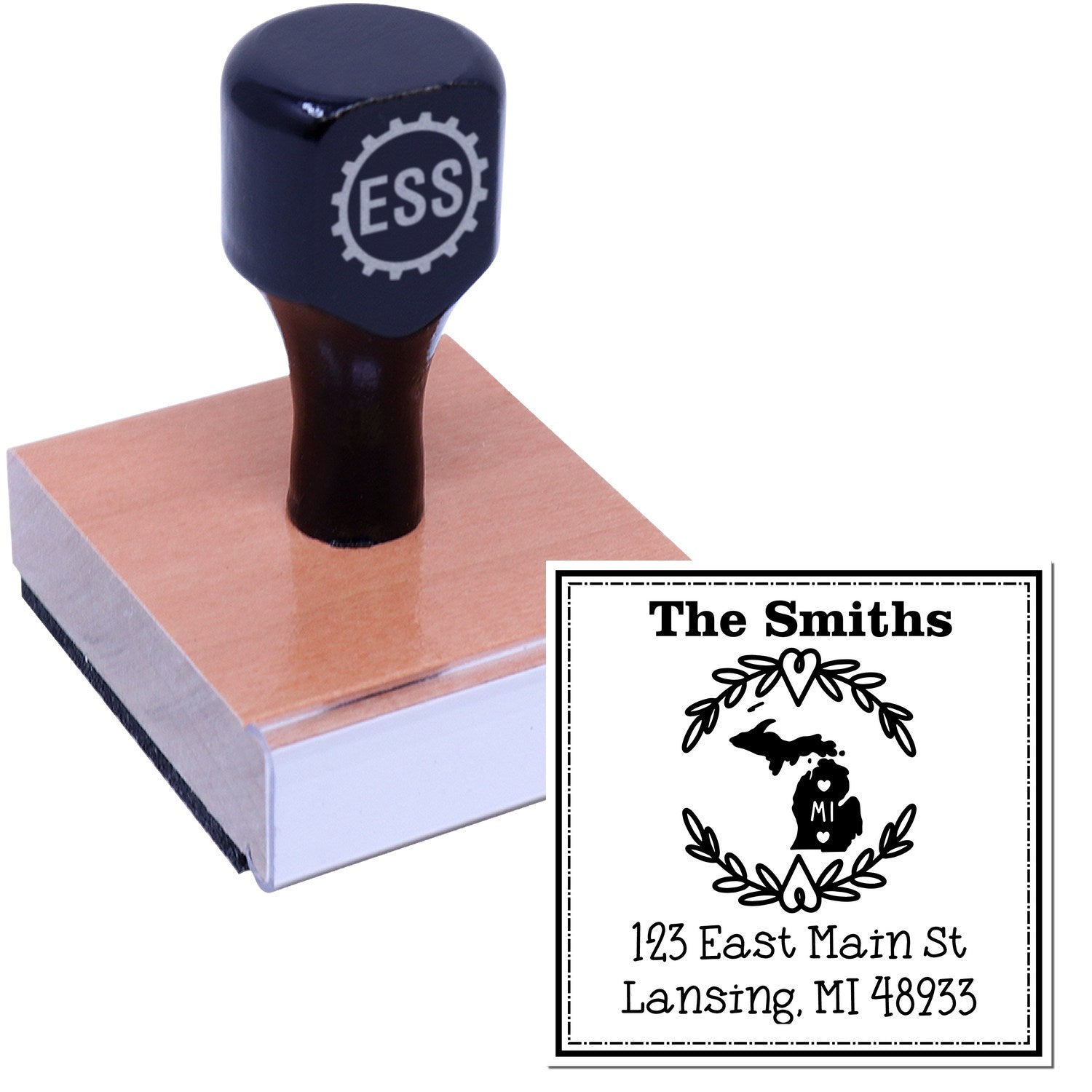 Wood Handle Michigan State Wreath Custom-Made New Home Address Stamp