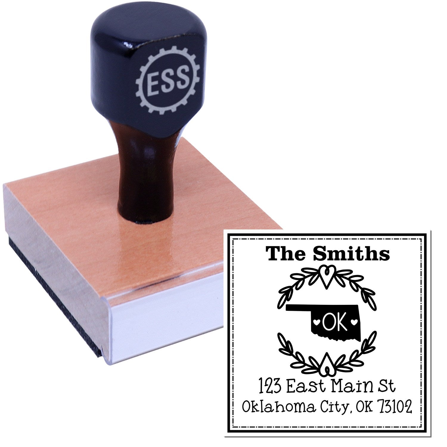 Wood Handle Oklahoma State Wreath Custom-Made New Address Rubber Stamp