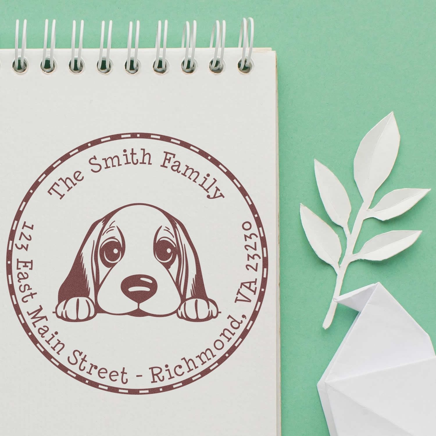 Round Basset Hound Customized Address Return Rubber Stamp