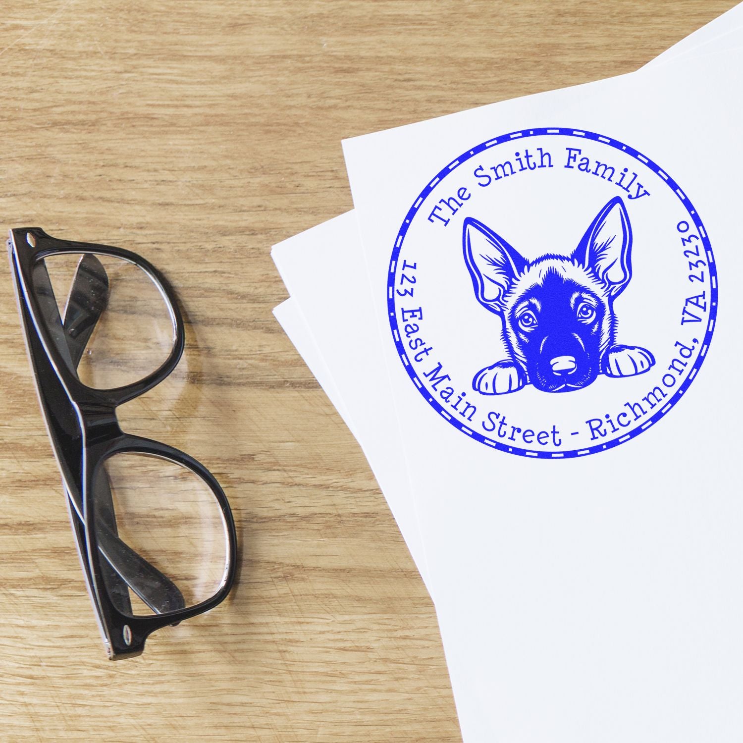 Round Belgian Malinois Customized Mail Address Rubber Stamp