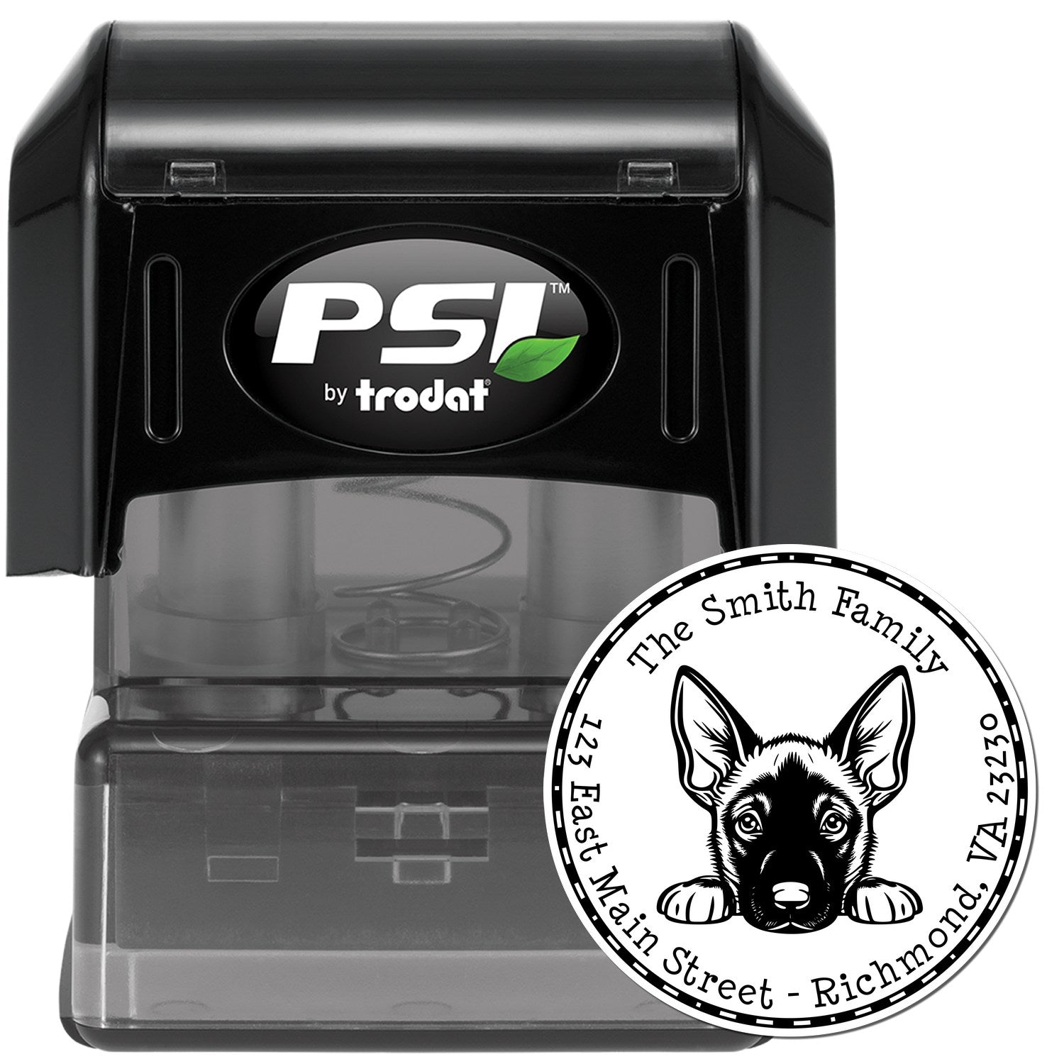 Round Pre-Inked Belgian Malinois Custom Address Return Stamp