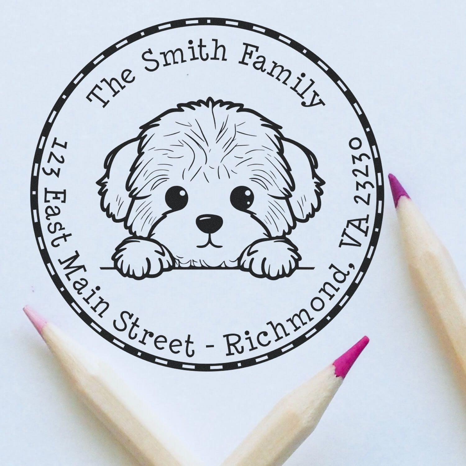 Round Bichon Frise Customized Home Address Rubber Stamp