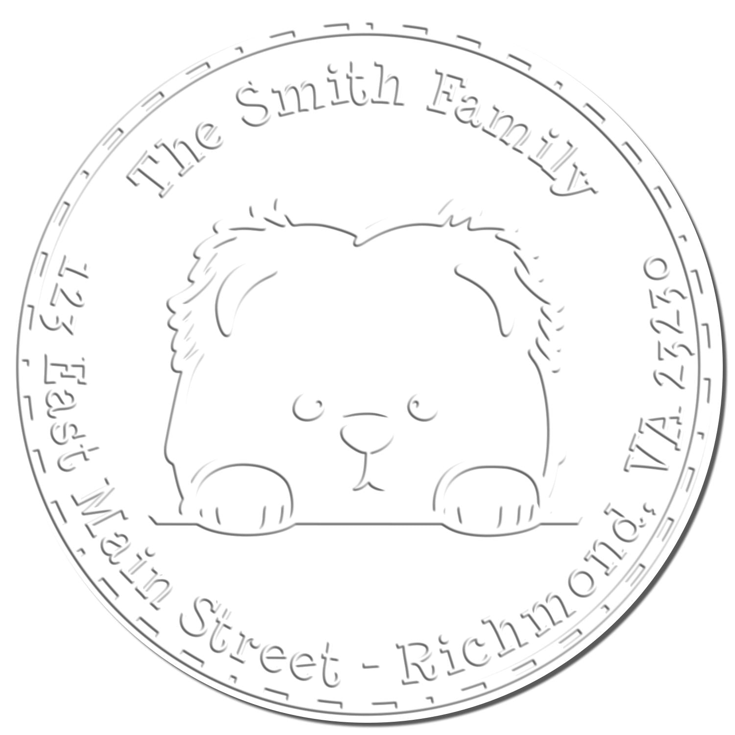 Circular gray family address stamp seal with a cute bear outline and engraved text around the edge.