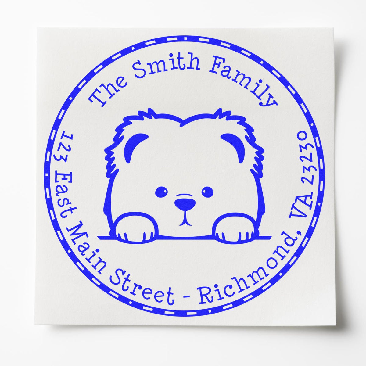 Blue circular custom stamp seal with teddy bear icon, The Smith Family text, and address around the border.